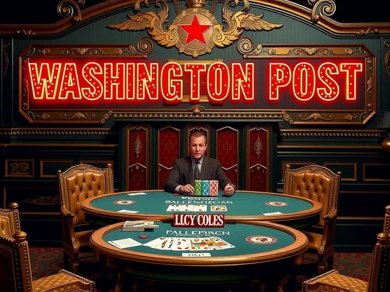 Blackjack table at a Washington D.C. casino with cards and chips in warm light